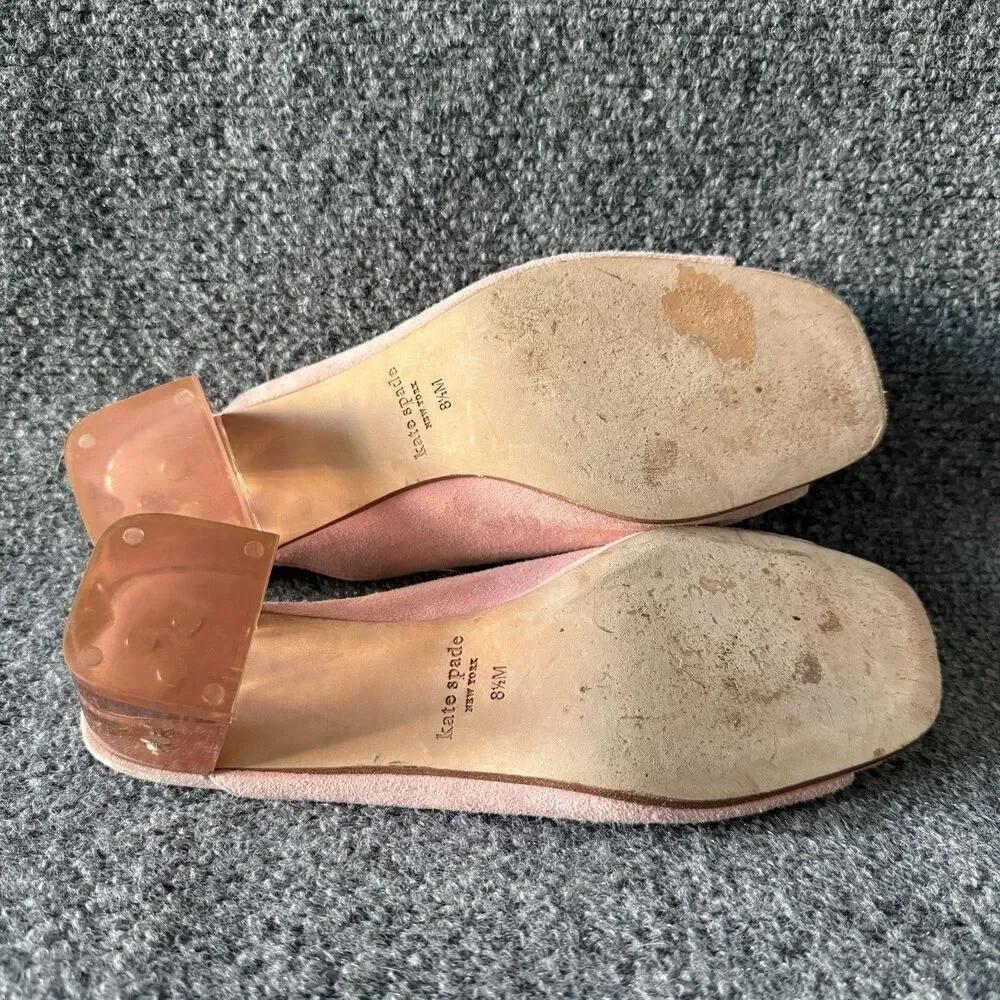 Kate Spade Caila Pink Suede Block Heel Mule Transparent Gem Square Toe 8.5M